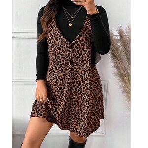 Plus Long Sleeve Black Top Leopard Print Sleeveless Dress Set
